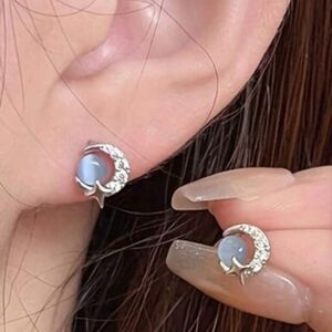 Silver Moon Crystal Stud Earrings with Blue Cabochon